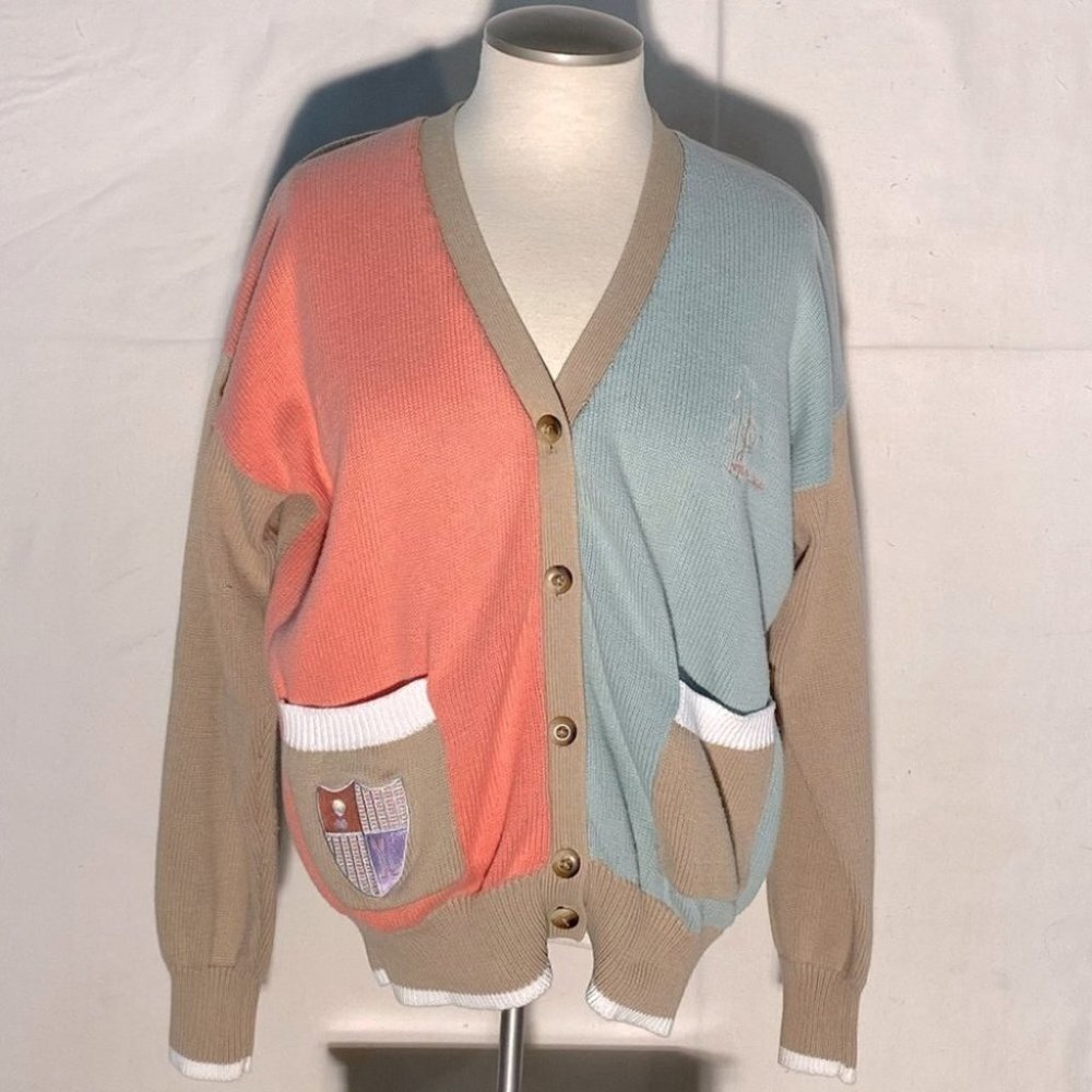 Vintage La Mode Spruce Ridge Pastel Colour Block Button Up Knit Cardigan M